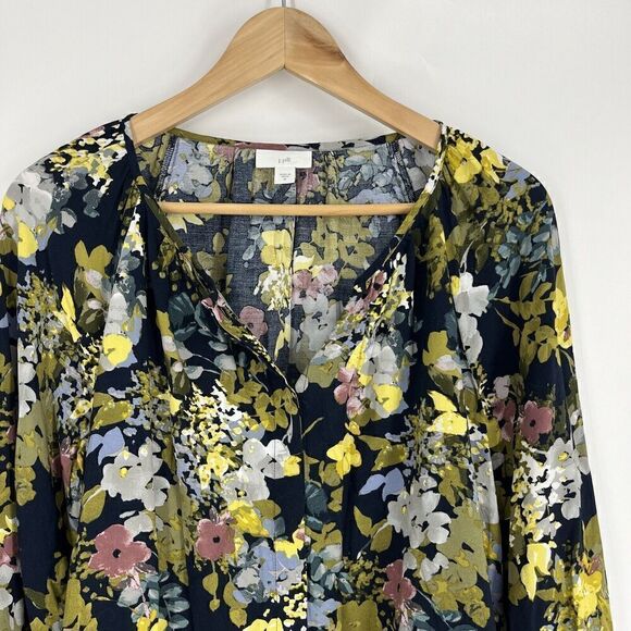 J Jill Top Size Medium Navy Yellow Floral Long Sleeve Button Front Tunic Blouse - Picture 2 of 8